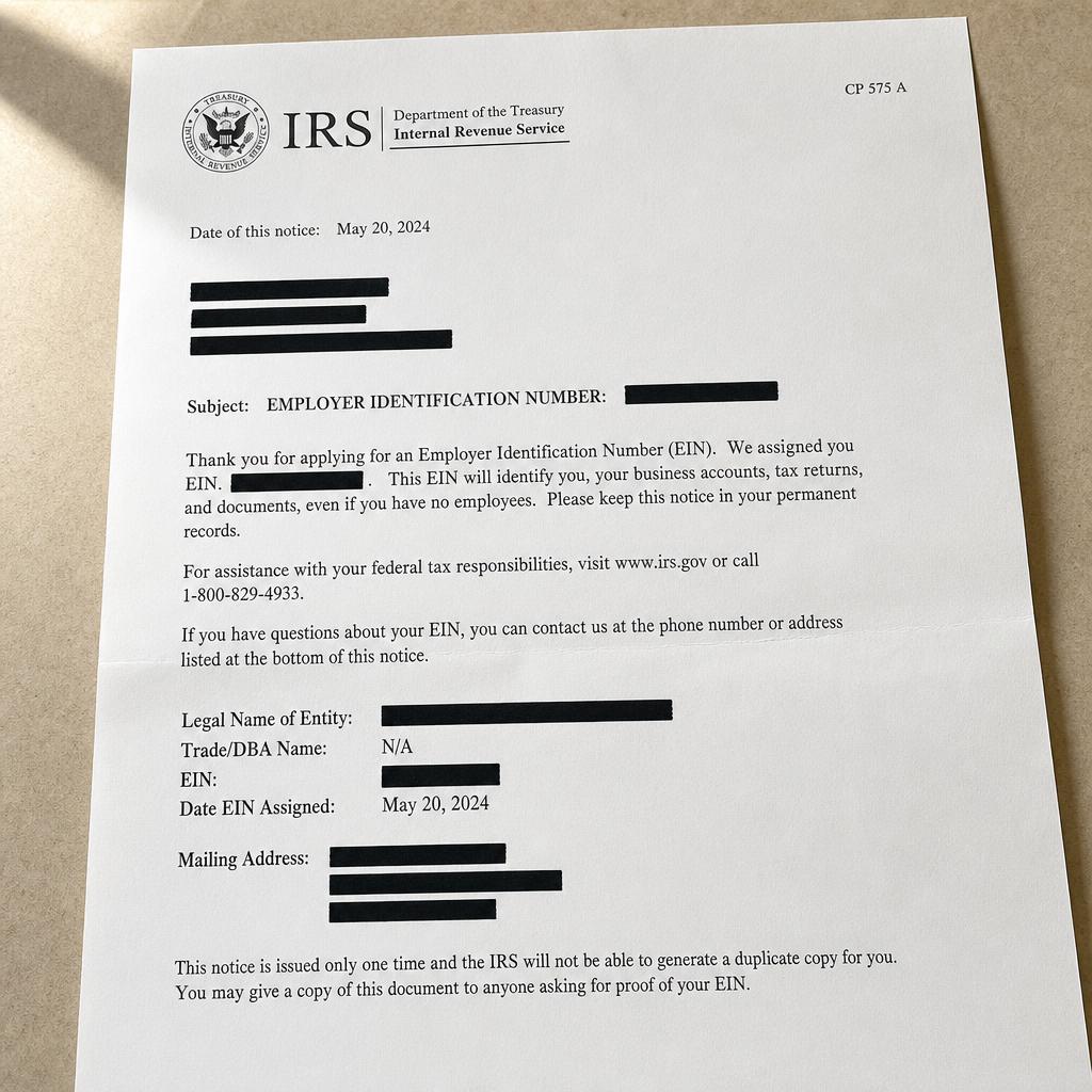 Real IRS CP 575 EIN confirmation letter delivered by Bastion Formations, with the EIN, legal name and mailing address redacted for client privacy.